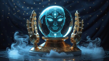 A magnificent fortune-telling AI robot is peering into the future with the help of a magical crystal ball