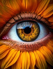 Bright sunflowers encircle a vibrant eye reflecting nature's beauty at golden hour Generative AI