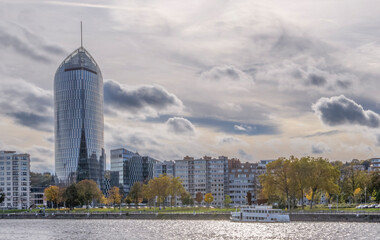 The embankment of the city of Liege in Belgium at sunset in autumn