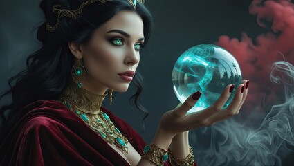 A mystical fortune teller woman peers into a crystal ball, glimpsing visions of the future with a sense of wonder and mystery