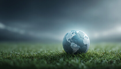 Soccer ball stylized as Earth globe on grassy field, symbolizing global unity, sportsmanship, and environmental awareness - obrazy, fototapety, plakaty