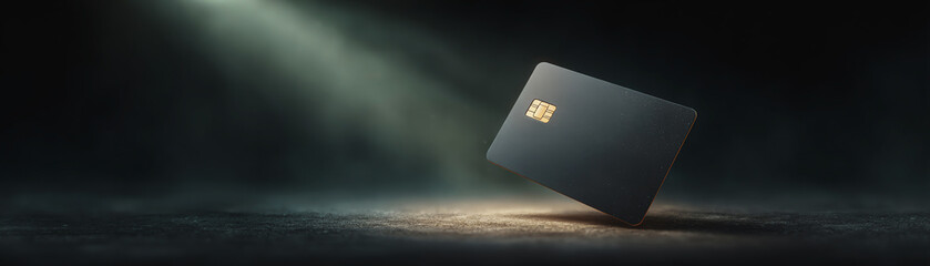 Sophisticated black and gold credit card floating elegantly under dramatic spotlight, luxury financial concept image