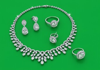 Elegant diamond jewelry set beautifully arranged on vibrant green background for a luxurious display Generative AI