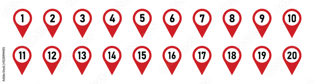 Poster location pin icons with number. map marker symbol set with 1 to 20 numbers. transparent vector illus