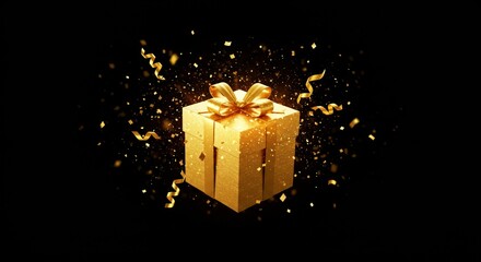 Sparkling golden gift box surrounded by festive confetti and ribbons in a dynamic celebration moment Generative AI
