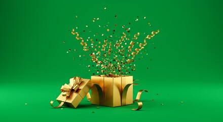 Golden gift box bursting with colorful confetti on a vibrant green backdrop during festive celebration Generative AI