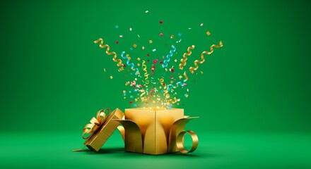 Colorful confetti bursts from an elegantly wrapped golden gift box against a vibrant green background Generative AI