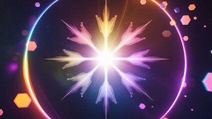 Light flare effect on a dark background. Abstract sunburst showcasing digital lens flare with circular and hexagonal patterns, accompanied by a colorful rainbow halo.