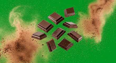 Explore the rich world of chocolate with dark squares and swirling cocoa dust on a vibrant green backdrop Generative AI