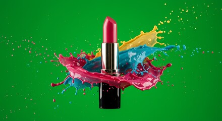 Colorful lipstick surrounded by vibrant splashes of paint on bright green backdrop Generative AI