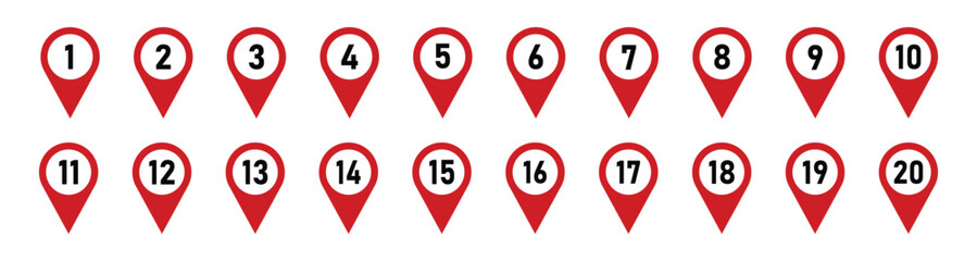 Location pin icons with number. Map marker symbol set with 1 to 20 numbers. Transparent vector illustration.