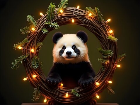 A panda-like animal poses within a festive wreath adorned with lights and greenery.