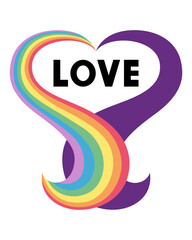  Word Love In Heart Frame LGBT Flowing Rainbow Flag  Abstract Background. Celebrates LGBT pride month. Illustration, Poster, Vector , Background or wallpaper.   