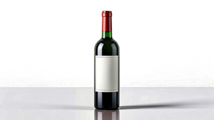 Red wine bottle with blank label on reflective surface and white background
