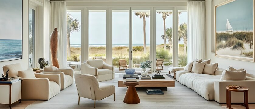 Coastal living room featuring neutral tones, ocean-themed art, a view of the beach from large glass windows, and minimalistic design