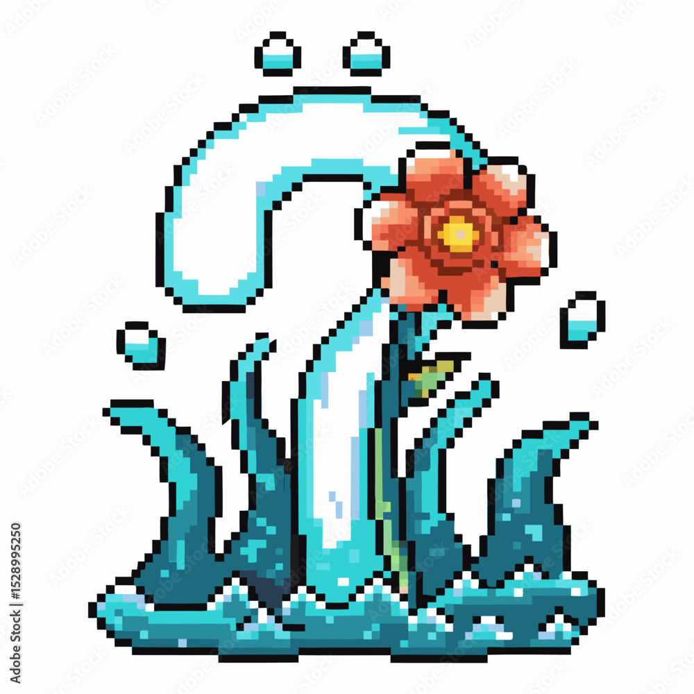 Poster pixelated question mark with flower and splashing water animation, retro 8 bit art design