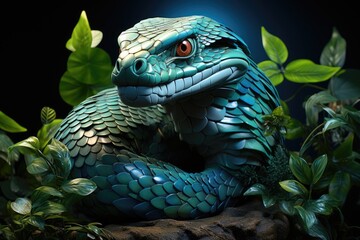 A striking serpent sculpture made of vibrant green scales, artistically intertwined with lush foliage, creating a captivating visual representation of nature's beauty.