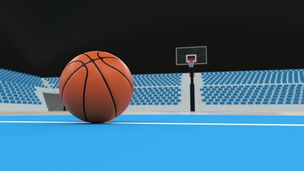 close-up of a basketball placed in the center of a court - 3D rendering