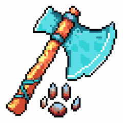 Pixel art axe with turquoise blade and wooden handle, accompanied by blue gemstone cluster