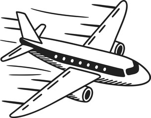 flying airplane illustration black and white design of passenger jet in motion, simple aviation concept