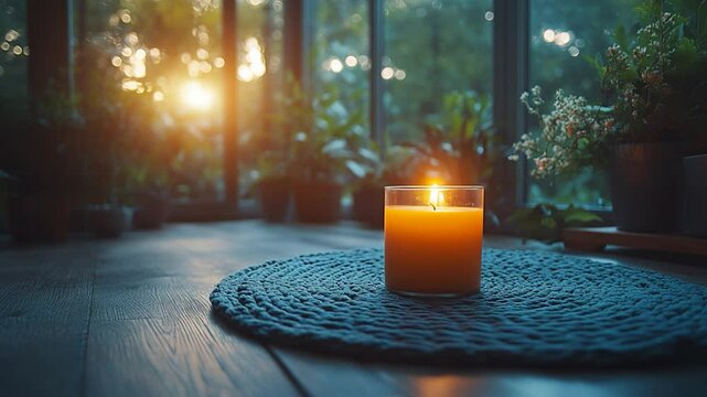 Sunset Serenity: A Lit Candle on Wooden Table