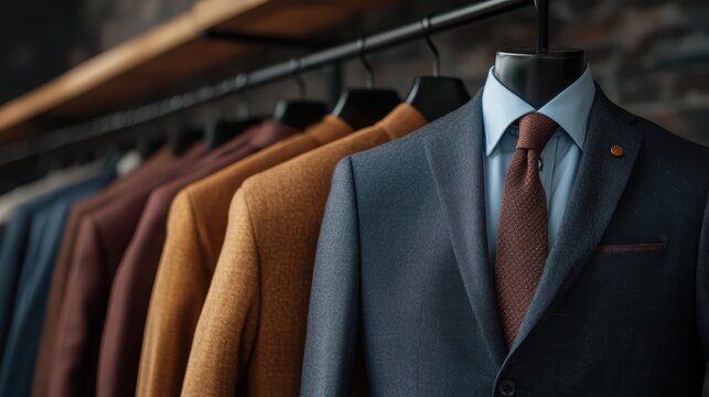 A stylish showroom display featuring a collection of elegantly tailored men's suits hanging on a rack, highlighting fashion sophistication and men's attire. - Powered by Adobe