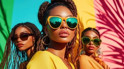 Three stylish women wearing trendy sunglasses pose against vibrant, brightly-colored backgrounds, capturing a lively and fun atmosphere that represents youthful energy and fashion.