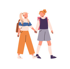 Cute little girls with backpacks go to the school together. Happy students carry schoolbags. Friends hold hands, walk with knapsacks. Kids with rucksacks. Flat isolated vector illustration on white