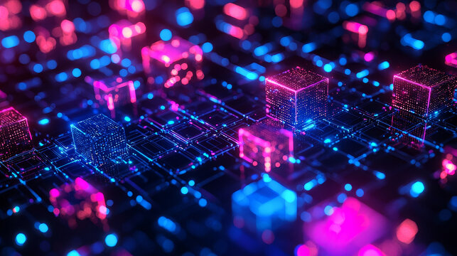 Close-up of blockchain technology with glowing blue and pink digital data blocks, representing data security and cryptocurrency