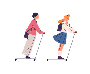 Happy students with backpacks ride on electric kick scooters to the school. Friends with schoolbags walk together. Kids with rucksacks go to the class. Flat isolated vector illustration on white