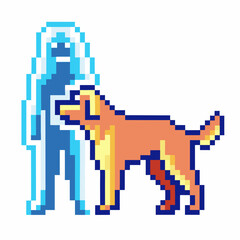 Obraz premium Pixel art human figure with loyal dog retro video game style, neon colors, digital character design