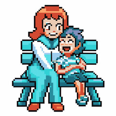 Pixelated mother and child on bench, retro game nostalgic family moment in pixel art
