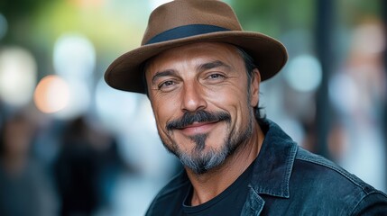 A cheerful man in a stylish jacket and hat smiles confidently at the camera, showcasing a vibrant urban lifestyle filled with positivity and charm amidst a blurred background.