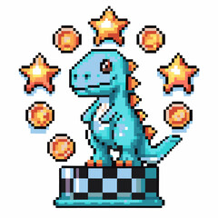 Pixel dinosaur trophy with stars and coins in retro video game achievement