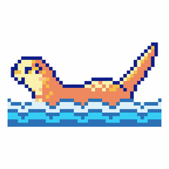 Fototapeta premium pixel art otter floating on water retro aquatic animal, digital illustration, pixelated design, blue waves background