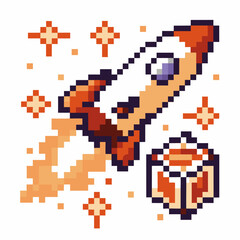 Pixel art rocket launch with stars and asteroids, retro video game illustration