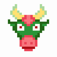 Obraz premium Pixelated cow head, green and red, retro style, 8 bit art