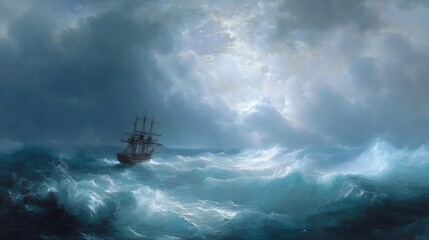 Obraz premium A dramatic seascape with a tall ship battling stormy waves, lightning striking in the distance, painted in classic Romantic-era oil painting style. Rich blues and greys, heavy texture, sweeping 