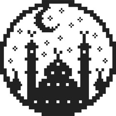 pixel art mosque with crescent moon and stars black and white night sky, islamic architecture silhouette