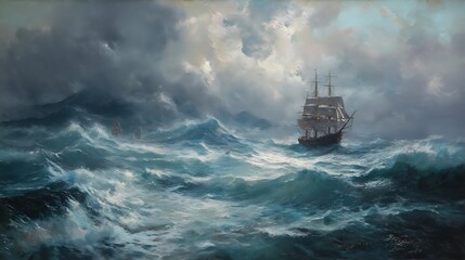 A dramatic seascape with a tall ship battling stormy waves, lightning striking in the distance, painted in classic Romantic-era oil painting style. Rich blues and greys, heavy texture, sweeping 