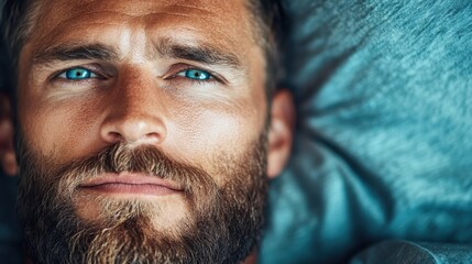 Obraz premium A close-up image of a calm man lying on a soft turquoise surface, capturing the tranquility and serenity that comes with moments of deep relaxation and self-reflection.