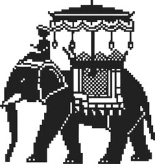 Fototapeta premium pixel art elephant with ornate howdah, traditional rider vintage mosaic pattern, cultural heritage illustration