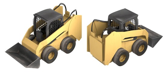 3d rendering of compact skid steer loader with bucket. Small yellow construction machine for lifting and earthmoving work. Isolated on white background.