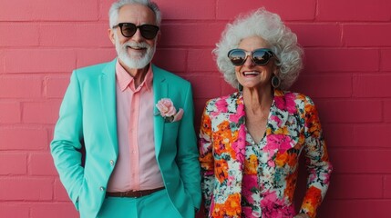 Two stylishly dressed seniors radiate joy and confidence, showcasing vibrant outfits against a vivid pink wall, highlighting ageless fashion and positivity.