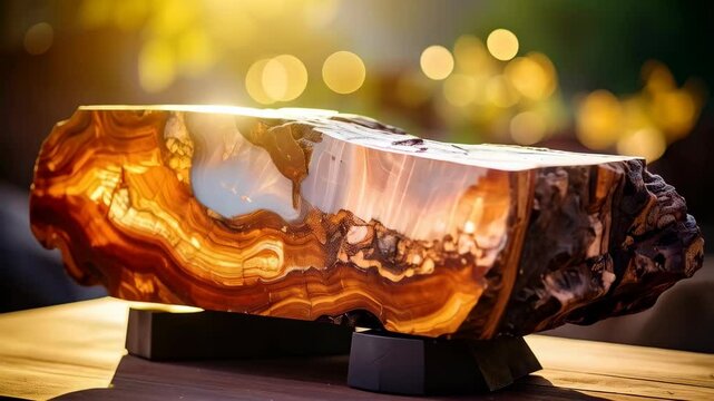 Translucent banded agate slice on wooden table illuminated by soft light showcasing natural patterns and textures on abstract background.