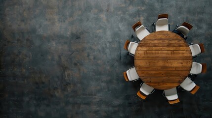A beautifully arranged round wooden table with numerous chairs, perfect for gatherings or discussions, symbolizing community, connection, and collaborative dialogue.