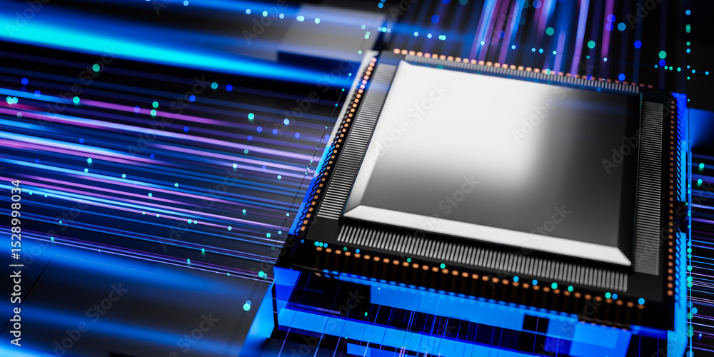 Poster high speed microprocessor chip with dynamic glowing lines, futuristic data transfer, digital process