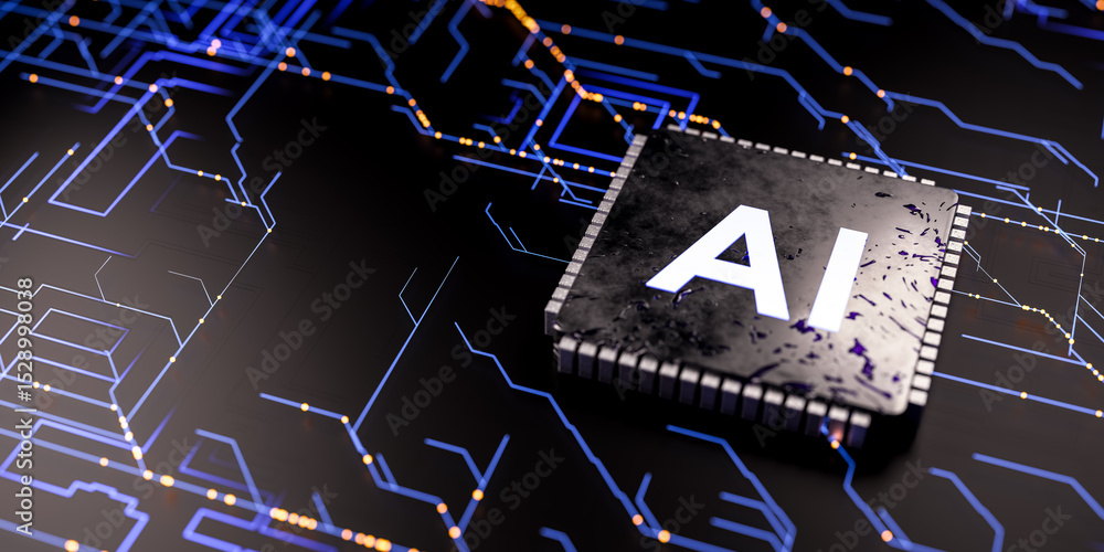 Poster ai microchip powering future technology innovation, advanced artificial intelligence processor unit,