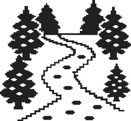 Fototapeta premium Pixelated forest path with pine trees and footprints in snowy landscape