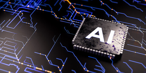 AI microchip powering future technology innovation, advanced artificial intelligence processor unit, digital circuit board for data processing and smart automation. 3d rendering